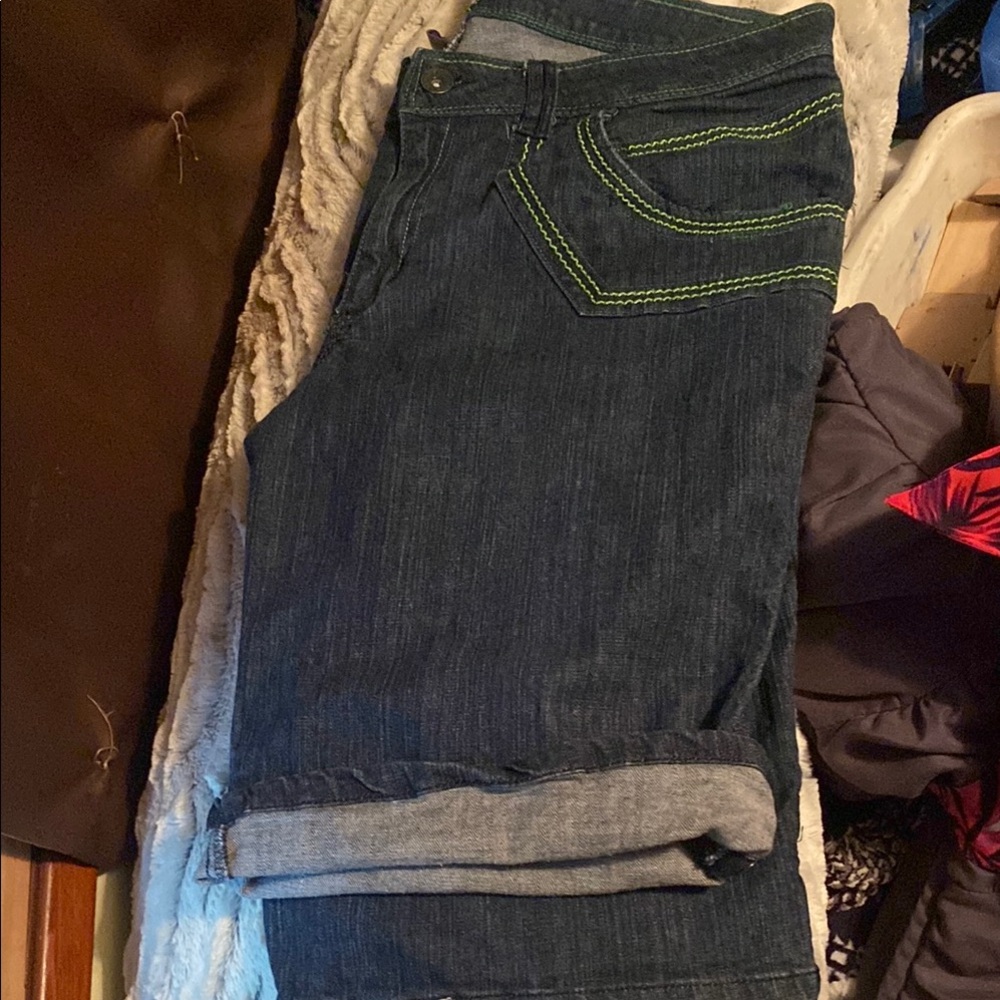 Dark Blue Jeans with Green Accents